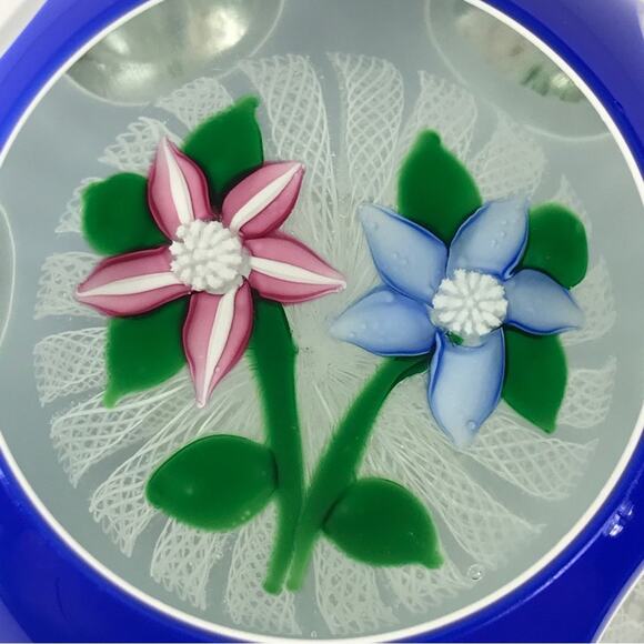 John Deacons Double Overlay Two Flower Lampwork Latticinio Faceted Paperweight - Picture 4 of 15